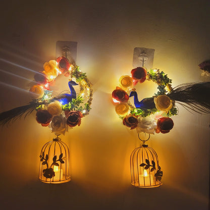 Vrindavan Peacock Floral Wreath with Golden Cage Hanging