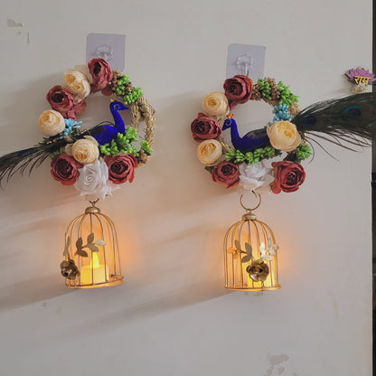 Vrindavan Peacock Floral Wreath with Golden Cage Hanging