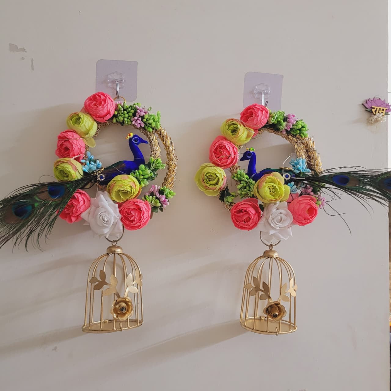 Vrindavan Peacock Floral Wreath with Golden Cage Hanging